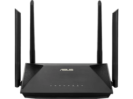 Routeur Asus noir avec 4 antennes. Logo ASUS doré. Fond noir. Quatre antennes et plusieurs ports.