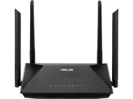 Routeur Asus noir avec 4 antennes. Logo ASUS doré. Fond noir. Quatre antennes et plusieurs ports.