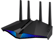 Routeur ASUS noir avec plusieurs antennes, éclairé de lumières bleues et violettes.