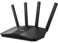 Routeur noir avec quatre antennes sur fond noir.