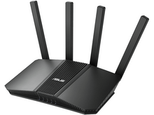 Charger l&#39;image dans la galerie, Routeur ASUS noir avec quatre antennes. Le routeur est sur un fond blanc. Le logo ASUS est centré sur le devant.
