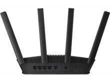 Charger l&#39;image dans la galerie, Routeur noir avec quatre antennes. Ports et lumières visibles. Fond noir.
