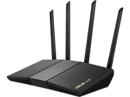 Routeur ASUS WiFi noir avec quatre antennes, vue en angle, sur fond noir.