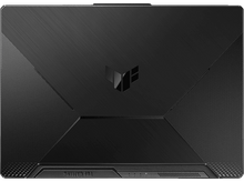 Charger l&#39;image dans la galerie, Dos d&#39;ordinateur portable gaming noir. Texturé, avec logo ASUS TUF Gaming. Motif géométrique, fond noir.
