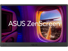 Charger l&#39;image dans la galerie, Moniteur ASUS ZenScreen montrant une vue de fenêtre d&#39;une ville la nuit, avec un avion.
