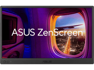Moniteur ASUS ZenScreen montrant une vue de fenêtre d'une ville la nuit, avec un avion.
