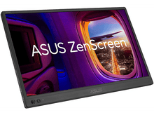 Charger l&#39;image dans la galerie, Moniteur ASUS ZenScreen, légèrement incliné, montrant une vue de fenêtre avec un avion.
