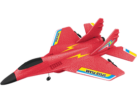 Avion jouet rouge avec des éclairs jaunes et le texte 