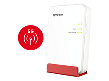 Charger l&#39;image dans la galerie, Un routeur FRITZ!Box blanc avec une base rouge, affichant des indicateurs WLAN et d&#39;alimentation. Icône 5G à gauche.

