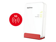 Un routeur FRITZ!Box blanc avec une base rouge, affichant des indicateurs WLAN et d'alimentation. Icône 5G à gauche.