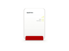 Charger l&#39;image dans la galerie, Un appareil Frit!Box blanc avec une base rouge. Il possède des indicateurs WLAN et Power/Mobile. Le fond est blanc.
