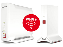 Charger l&#39;image dans la galerie, Deux routeurs blancs. Texte au milieu : Wi-Fi 6.
