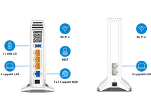 Charger l&#39;image dans la galerie, Deux routeurs, montrant ports et icônes Wi-Fi 6. Fond blanc, diagramme technique.
