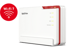 Charger l&#39;image dans la galerie, Routeur Wi-Fi 7 blanc et rouge, logo Wi-Fi 7 en cercle rouge, et voyants lumineux.
