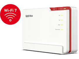 Routeur Wi-Fi 7 blanc et rouge, logo Wi-Fi 7 en cercle rouge, et voyants lumineux.