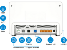 Charger l&#39;image dans la galerie, Vue arrière du modem blanc avec ports et icônes. Inclut DECT, Wi-Fi 7 et options fibre optique.

