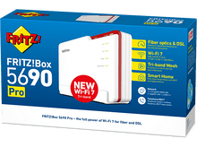 Charger l&#39;image dans la galerie, Une boîte rouge, blanche et bleue d&#39;un routeur FRITZ!Box 5690 Pro, avec Wi-Fi 7 et d&#39;autres spécifications.
