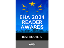Charger l&#39;image dans la galerie, Logo des EHA 2024 Reader Awards avec le texte &#39;MEILLEURS ROUTEURS&#39; et le logo AVM en dessous.
