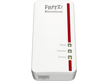 Charger l&#39;image dans la galerie, Un adaptateur CPL blanc. Il a des rayures rouges et trois lumières vertes étiquetées WLAN, Powerline et Connect.
