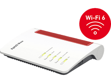 Charger l&#39;image dans la galerie, Routeur Wi-Fi 6 blanc et rouge, avec logo Wi-Fi 6. Dispose de lumières LED vertes et oranges.
