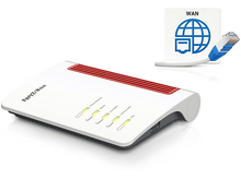 Charger l&#39;image dans la galerie, Un routeur blanc avec des accents rouges et un câble bleu qui y est attaché sur fond blanc.
