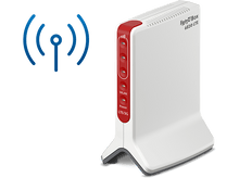 Charger l&#39;image dans la galerie, Un routeur blanc avec des boutons rouges et un symbole WiFi bleu sur fond noir.
