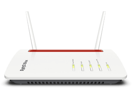 Routeur blanc et rouge avec deux antennes et lumières vertes et jaunes. Fond noir.