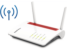 Charger l&#39;image dans la galerie, Routeur Frit!Box blanc et rouge avec deux antennes, affichant l&#39;icône de signal sans fil.
