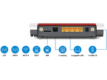 Charger l&#39;image dans la galerie, Routeur avec ports et icônes pour LTE, UMTS, Wi-Fi, DECT, SIM, 1x analogique, 4x gigabit LAN et 1x USB 3.0.
