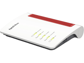 Routeur blanc et rouge, incliné, montrant les voyants, isolé sur fond blanc.