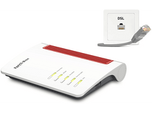 Charger l&#39;image dans la galerie, Routeur blanc avec des accents rouges et une connexion DSL.
