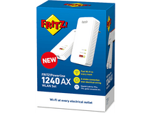 Charger l&#39;image dans la galerie, Boîte blanche et bleue de FRITZ!Powerline 1240 AX WLAN Set. Caractéristiques : Wi-Fi dans chaque pièce, connexion stable.
