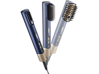 Trois stylers capillaires Babyliss de différentes couleurs, inclinés, sur fond noir.