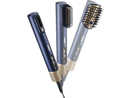 Trois stylers capillaires Babyliss de différentes couleurs, inclinés, sur fond noir.