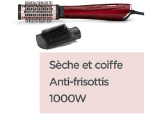 Charger l&#39;image dans la galerie, Brosse à coiffer rouge et noire. Texte en dessous : &#39;Sèche et coiffe Anti-frisottis 1000W&#39;.
