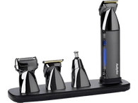 Un kit de toilettage pour hommes Babyliss noir et chromé avec quatre accessoires. La base est noire.
