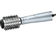 Une brosse à cheveux argentée et bleue avec une tête ronde et une poignée.