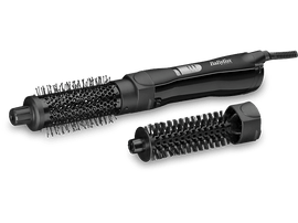 Brosse de coiffure noire avec deux têtes de brosse interchangeables.