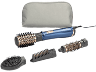 Styler capillaire bleu et doré avec accessoires et étui de transport gris.