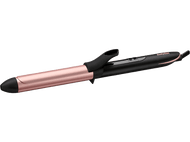 Un fer à friser noir et or rose, avec un fond blanc.