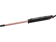 Fer à friser noir et or rose, incliné, avec manche noir et canon or rose.