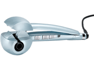 Fer à boucler automatique bleu clair, avec cordon d'alimentation noir. Design arrondi.