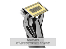 Charger l&#39;image dans la galerie, Gros plan sur une tête de rasoir dorée sur un manche noir et argenté. Le texte en dessous dit &quot;Lame flexible&quot;.
