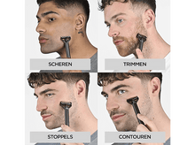 Charger l&#39;image dans la galerie, Quatre hommes se rasent avec des rasoirs noirs. Chaque image montre une étape différente : rasage, tonte, chaume et contouring, avec des étiquettes.
