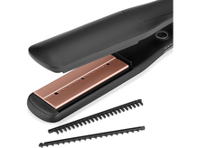 Charger l&#39;image dans la galerie, Lisseur de cheveux noir avec plaque chauffante or rose et deux peignes.
