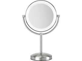 Miroir de maquillage double face de couleur argent. Le miroir est rond et a une lumière autour.