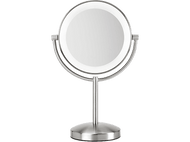 Miroir de maquillage double face de couleur argent. Le miroir est rond et a une lumière autour.