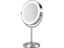 Charger l&#39;image dans la galerie, Un miroir de maquillage rond argenté avec une lumière LED sur le bord, sur pied.
