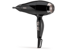 Charger l&#39;image dans la galerie, Sèche-cheveux Babyliss noir sur fond blanc. Buse or rose.
