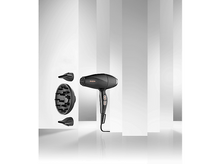 Charger l&#39;image dans la galerie, Sèche-cheveux noir avec accessoires. Trois accessoires sont montrés séparément.
